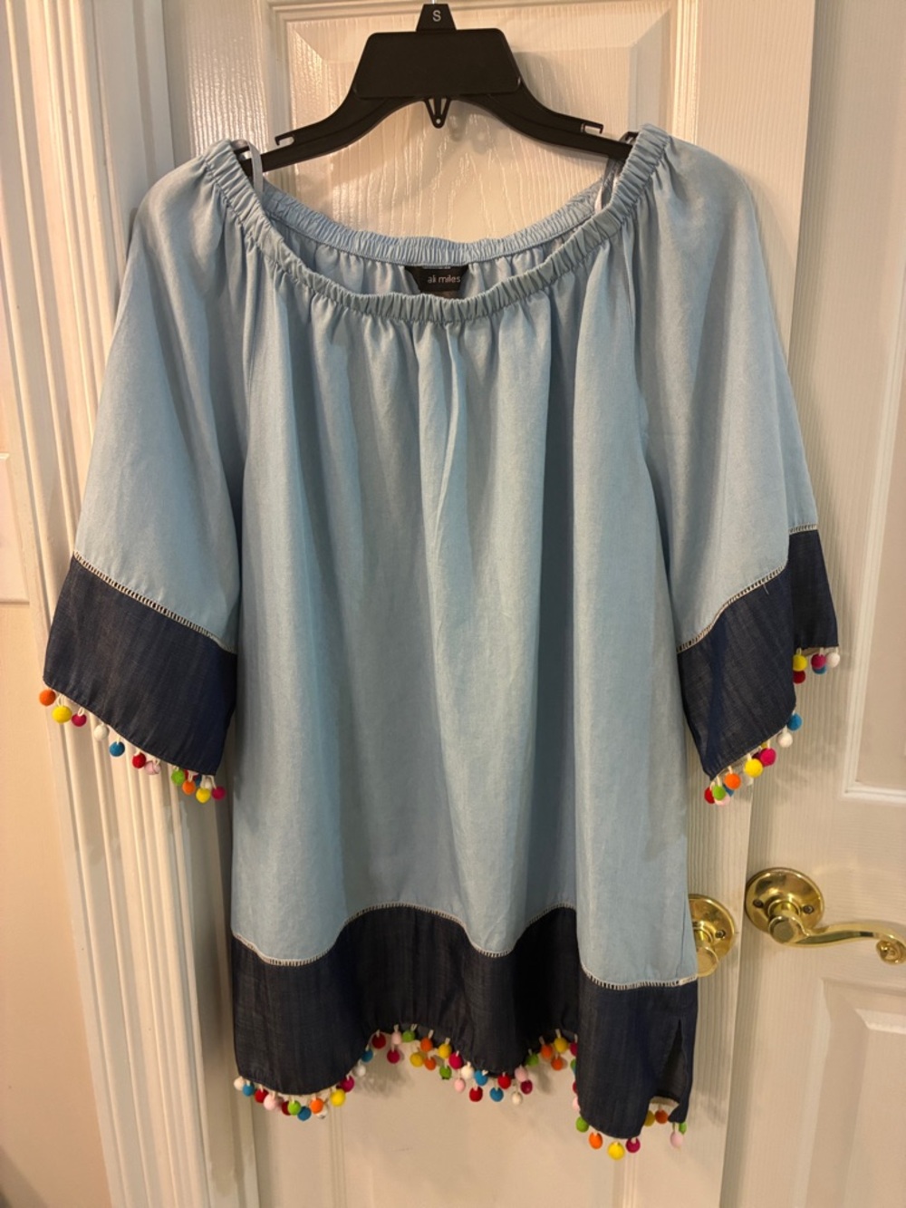Ali Miles Light Blue Tencel  Colorful Tassel Trim Boho Blouse Tunic Top SZ L
